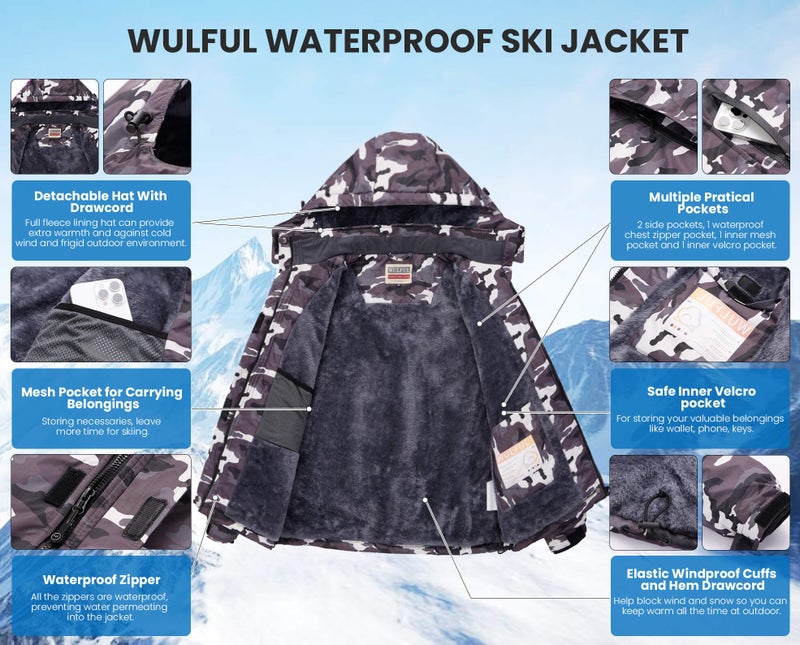 WULFUL Women's Waterproof Ski Jacket Warm Winter Coats Windproof Winter Jackets for Women Fleece Lined Windbreaker with Hood - Image 5